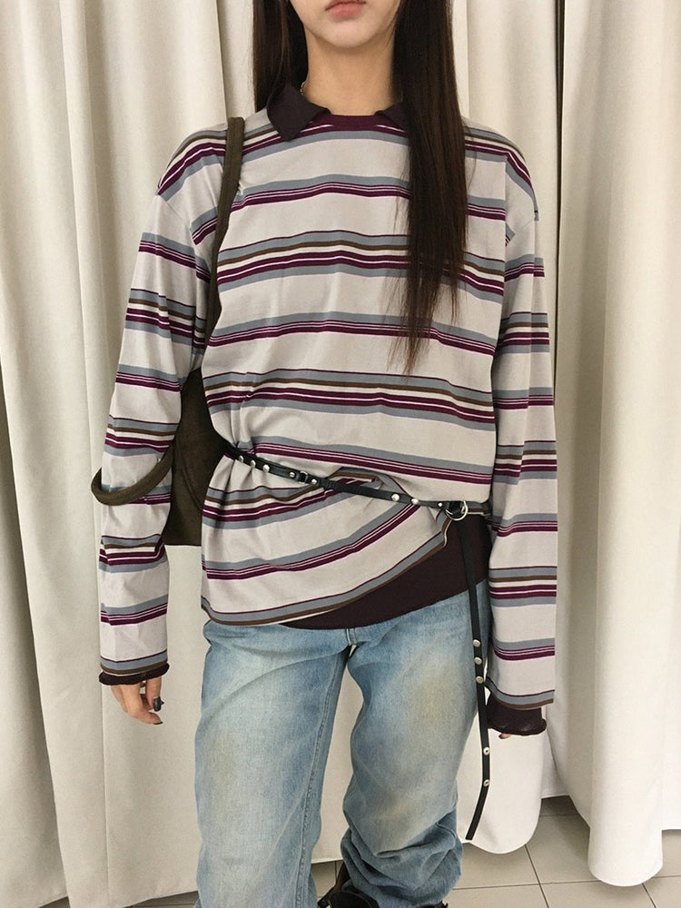 高質設計師品牌美色條紋寬鬆t