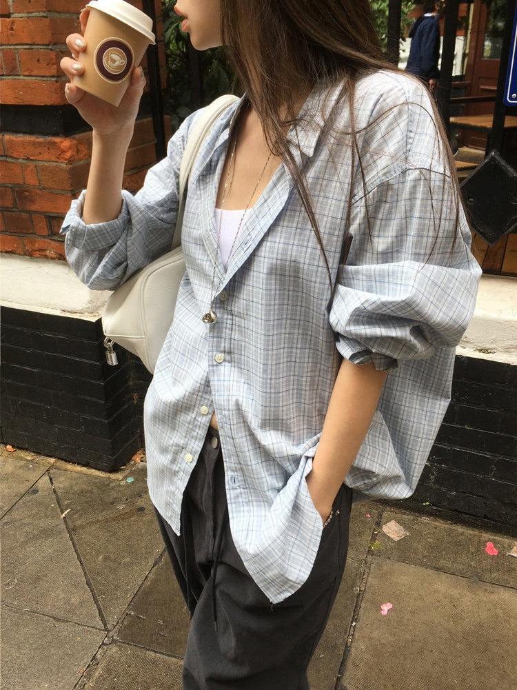 Unisex美色格紋寬鬆襯衫