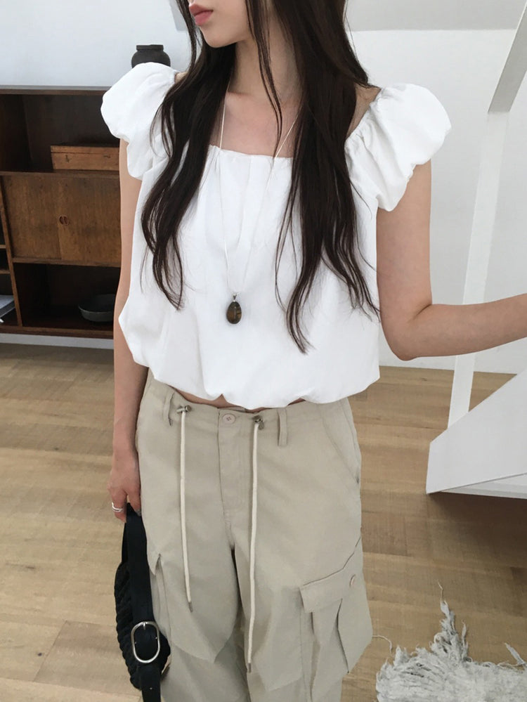 泡泡袖美背系帶上衣