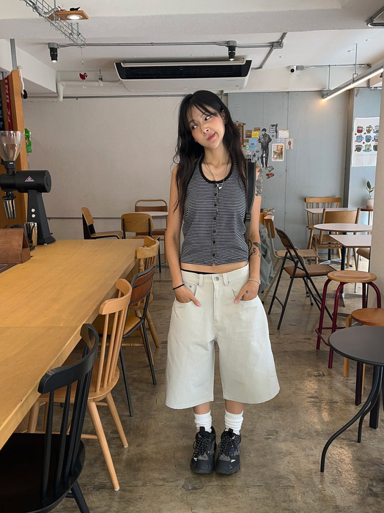 掛脖條紋撞色排鈕上衣
