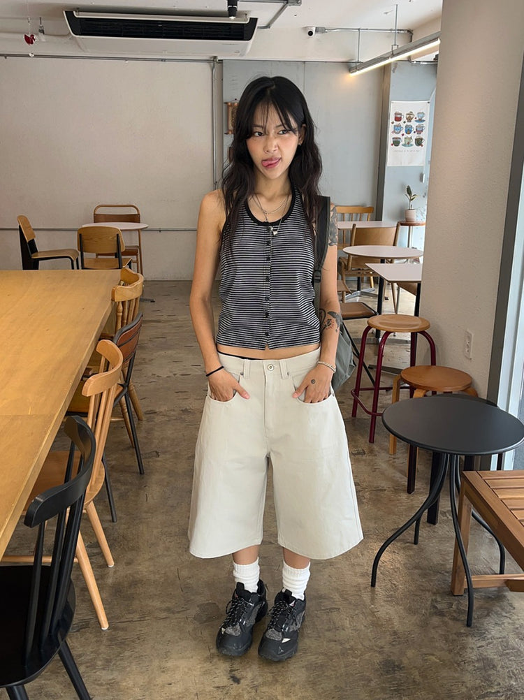 掛脖條紋撞色排鈕上衣