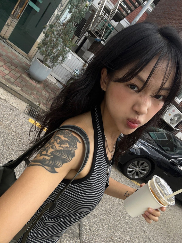 掛脖條紋撞色排鈕上衣
