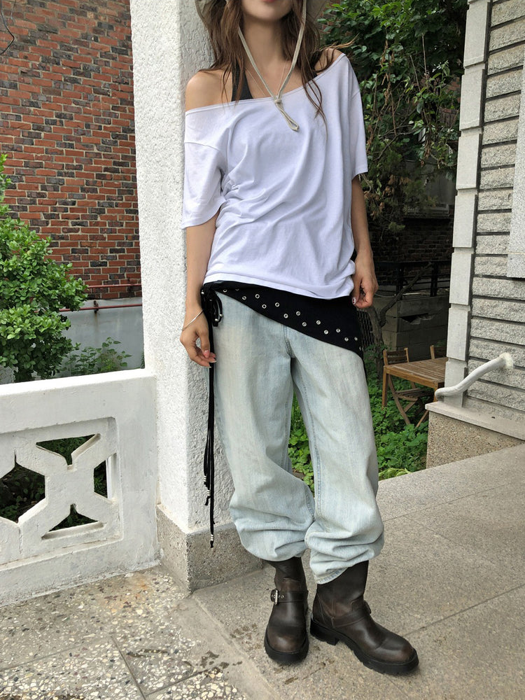 美肩不修邊細節寬鬆上衣