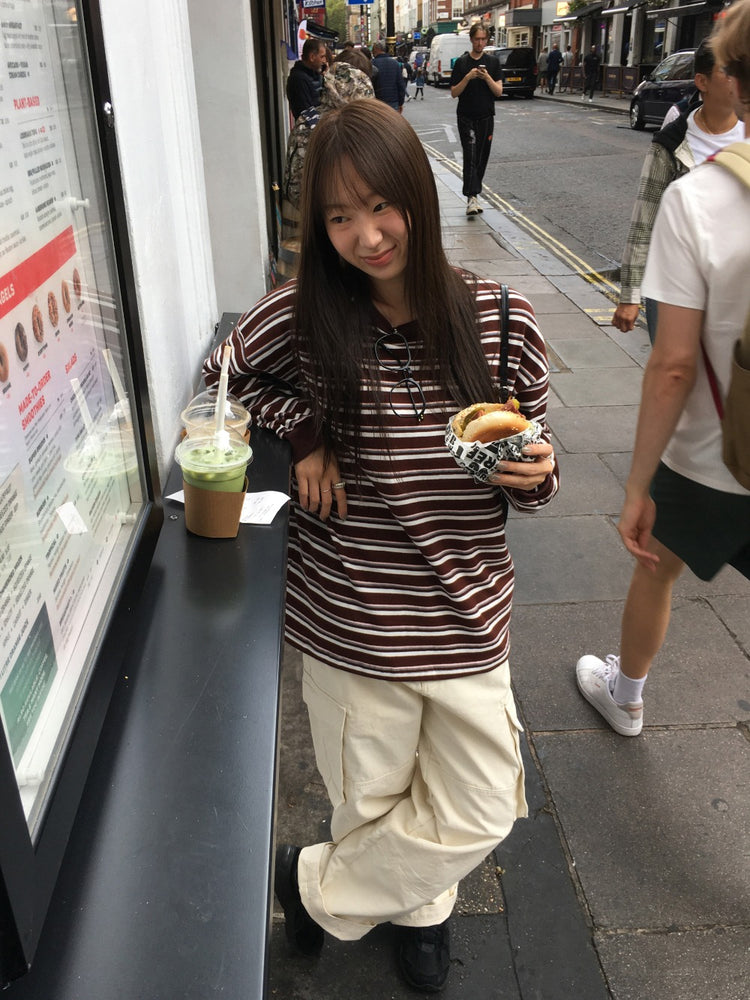 美色撞色條紋寬鬆上衣