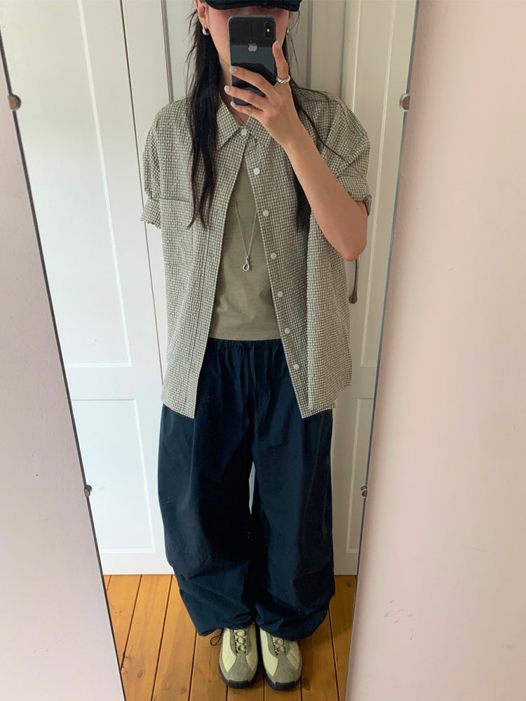 泡泡格紋翻領短袖襯衫