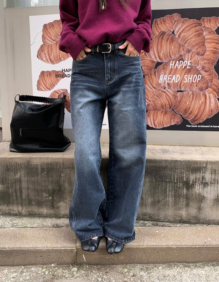 復古美刷色側前壓線細節牛仔褲