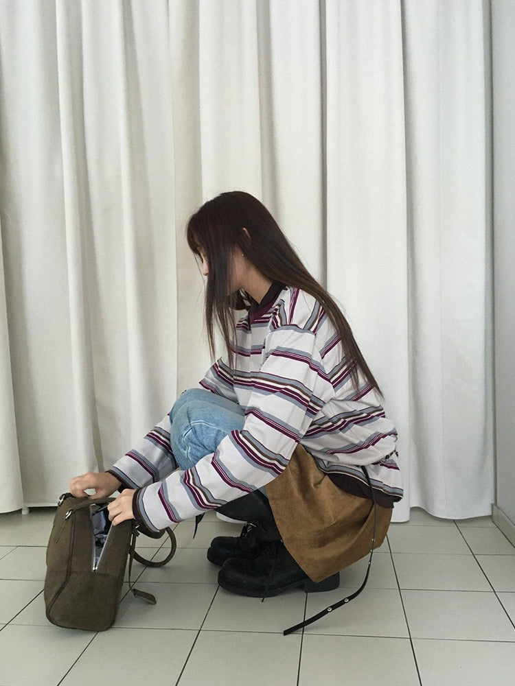 高質設計師品牌美色條紋寬鬆t