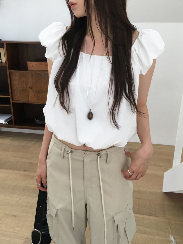 泡泡袖美背系帶上衣