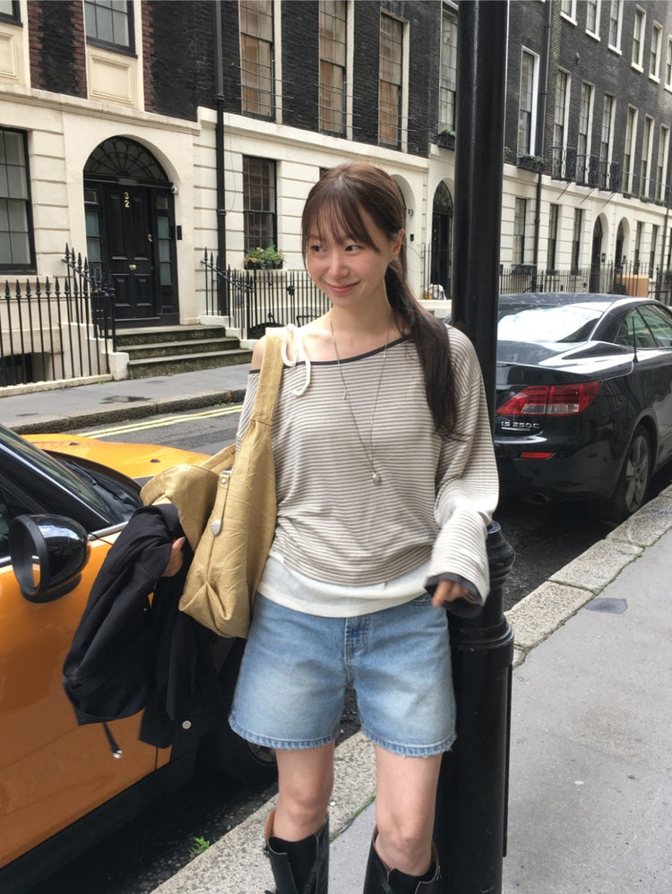 撞色條紋美肩寬鬆上衣