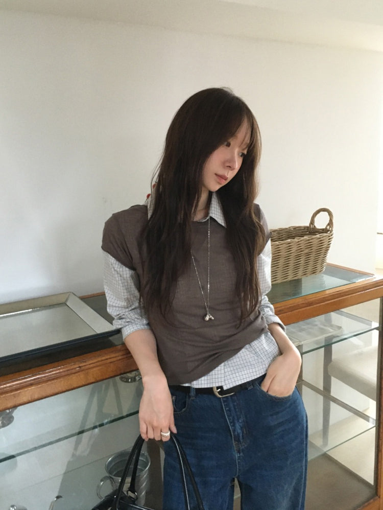翻領格紋修腰細節襯衫