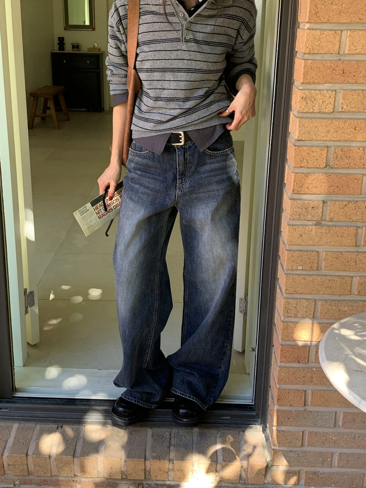 美色後壓線細節直腿牛仔褲