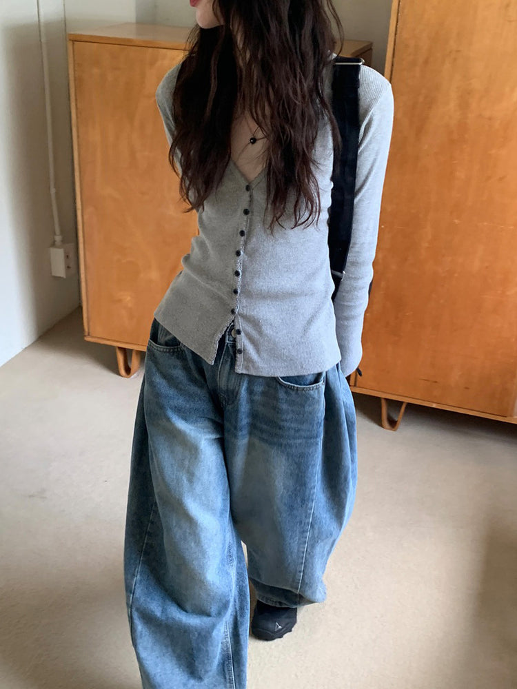 花邊V領排鈕細節上衣