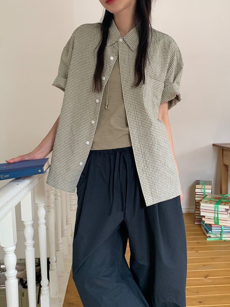 泡泡格紋翻領短袖襯衫
