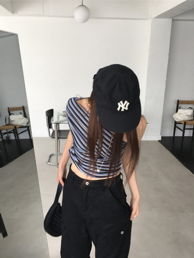 單肩反褶條紋修身上衣