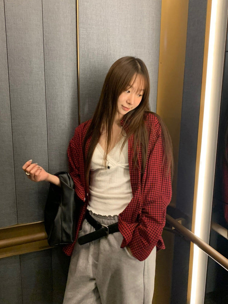 復古美色格紋寬鬆襯衫