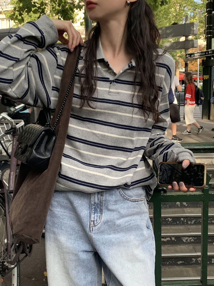 翻領撞色條紋寬鬆上衣