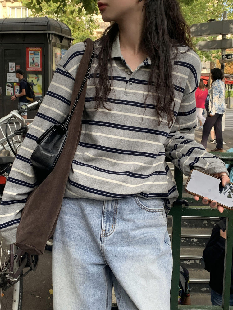 翻領撞色條紋寬鬆上衣