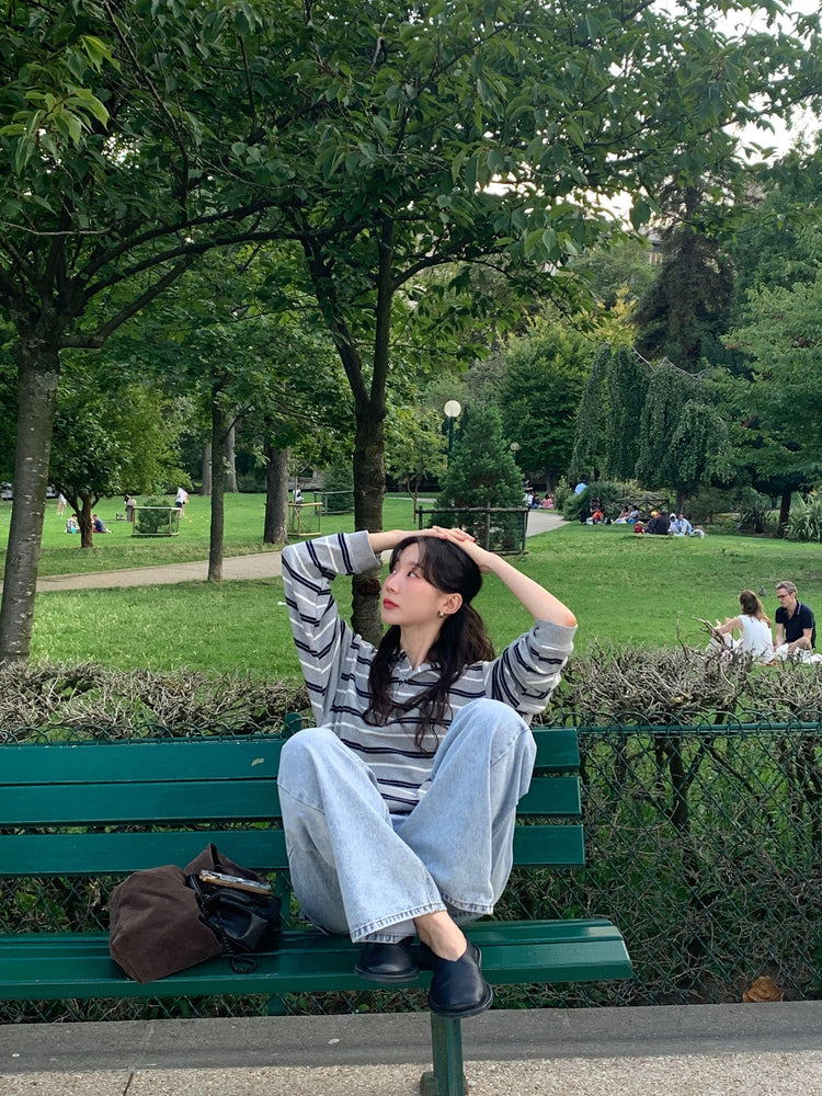 翻領撞色條紋寬鬆上衣