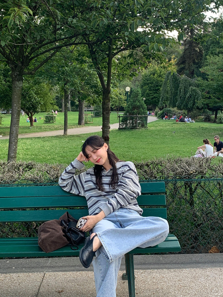 翻領撞色條紋寬鬆上衣