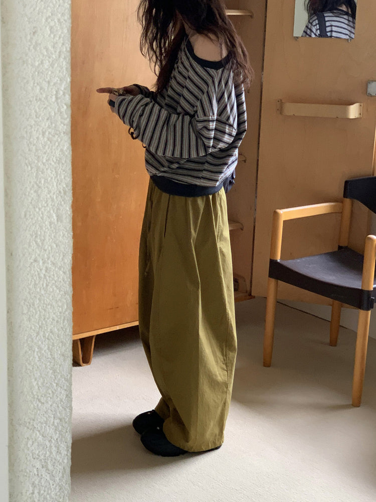 美肩條紋細節束口上衣