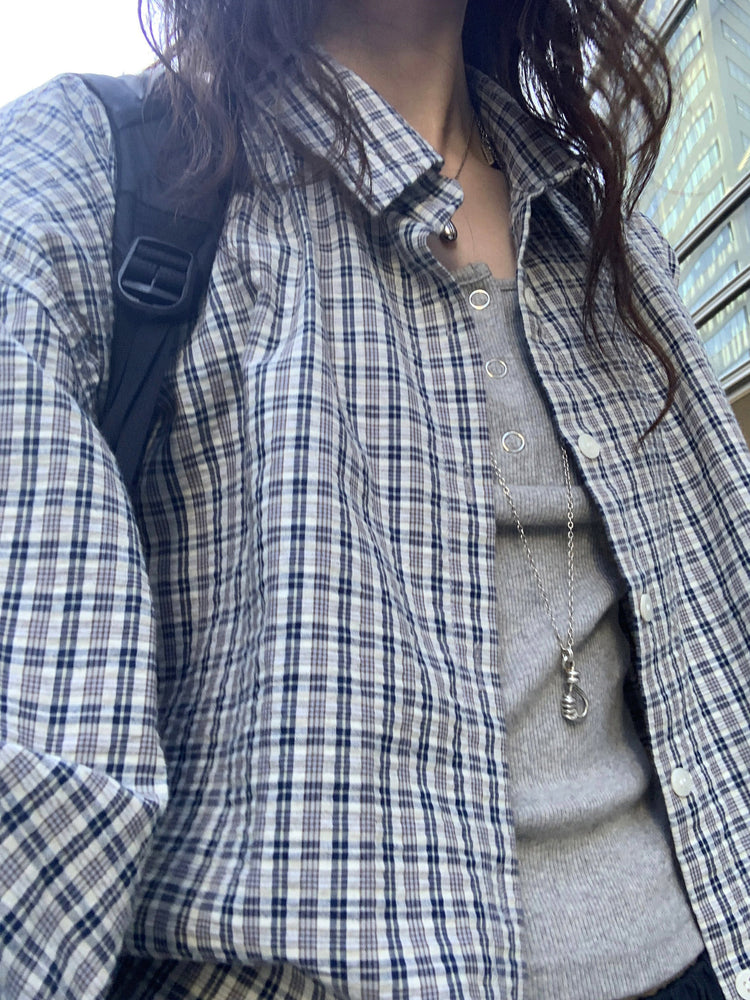復古撞色格紋寬鬆襯衫