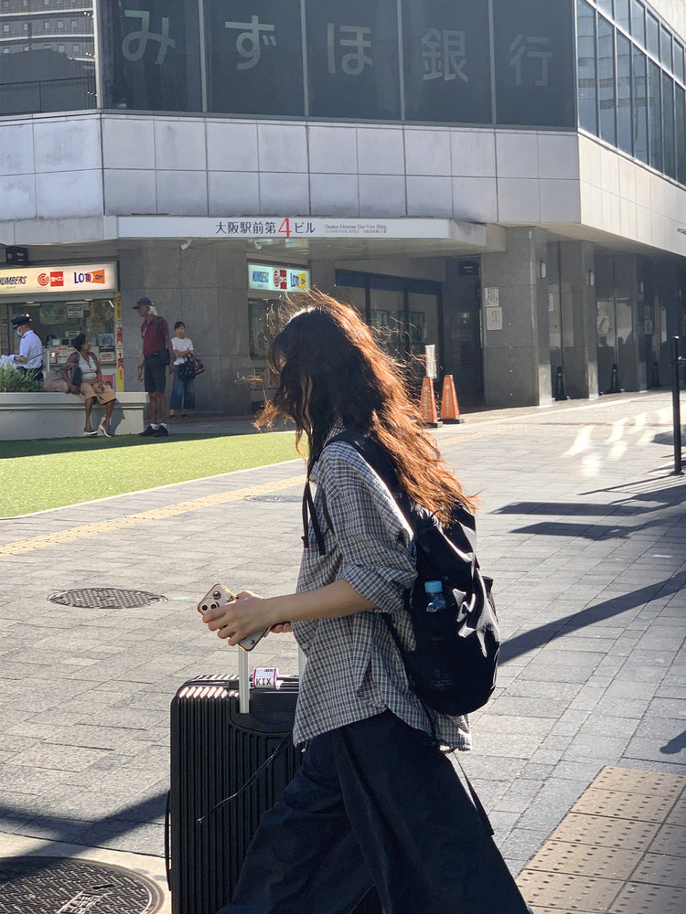 復古撞色格紋寬鬆襯衫