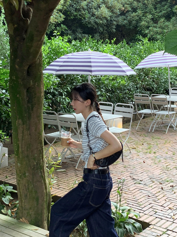 翻領條紋修腰細節上衣