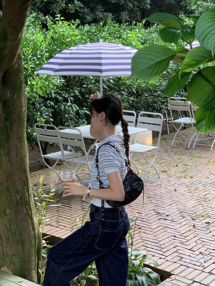 翻領條紋修腰細節上衣