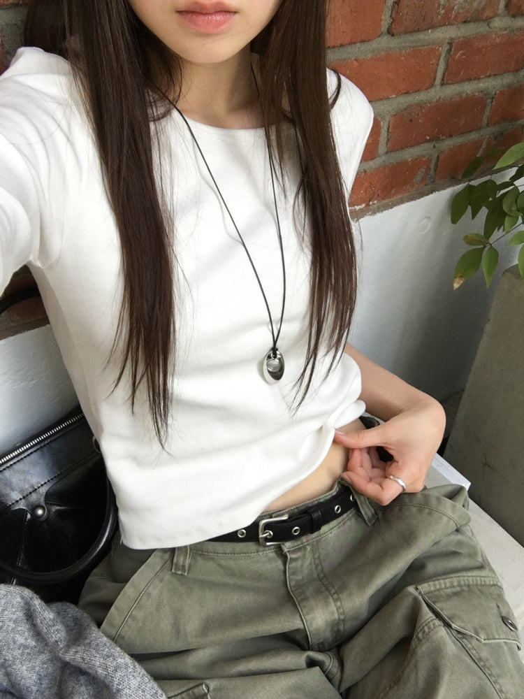 基礎後標籤細節七分袖上衣