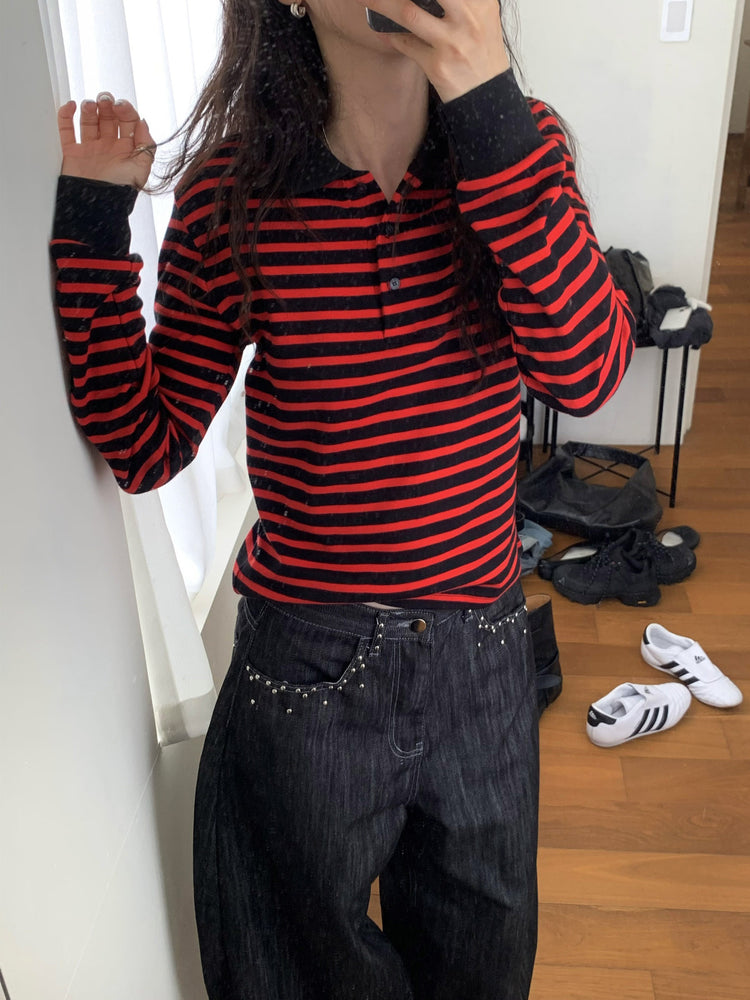 翻領條紋撞色修身上衣