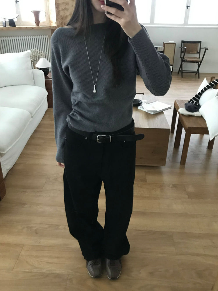 美肩側扣鈕細節坑紋針織衫