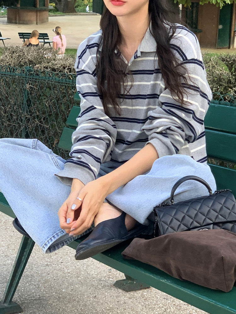 翻領撞色條紋寬鬆上衣