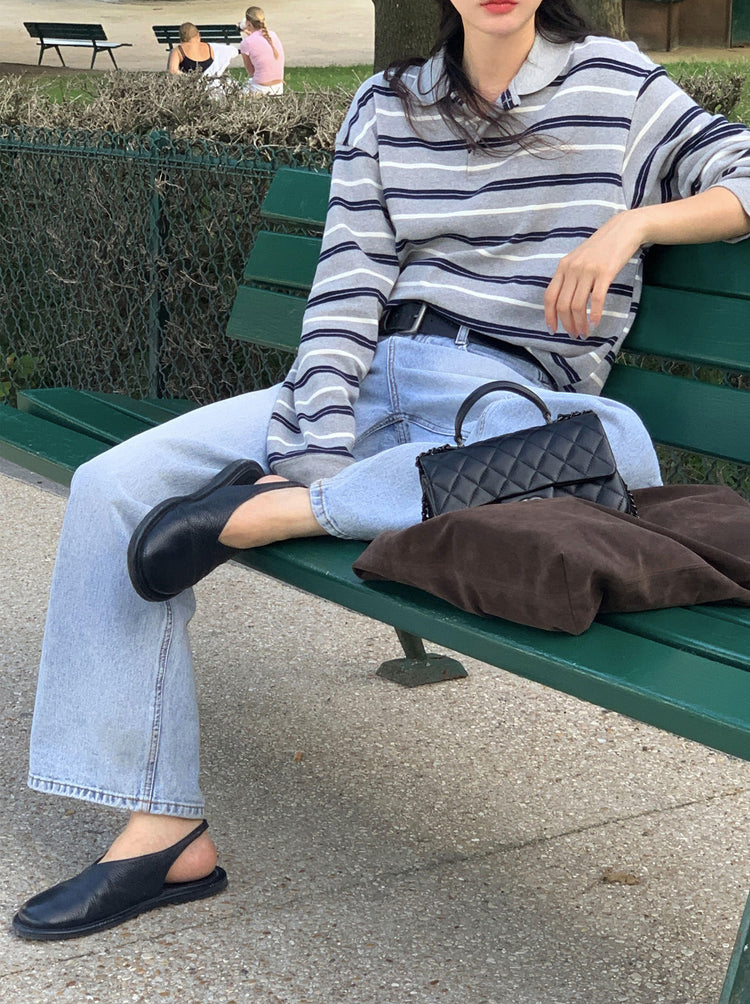 翻領撞色條紋寬鬆上衣