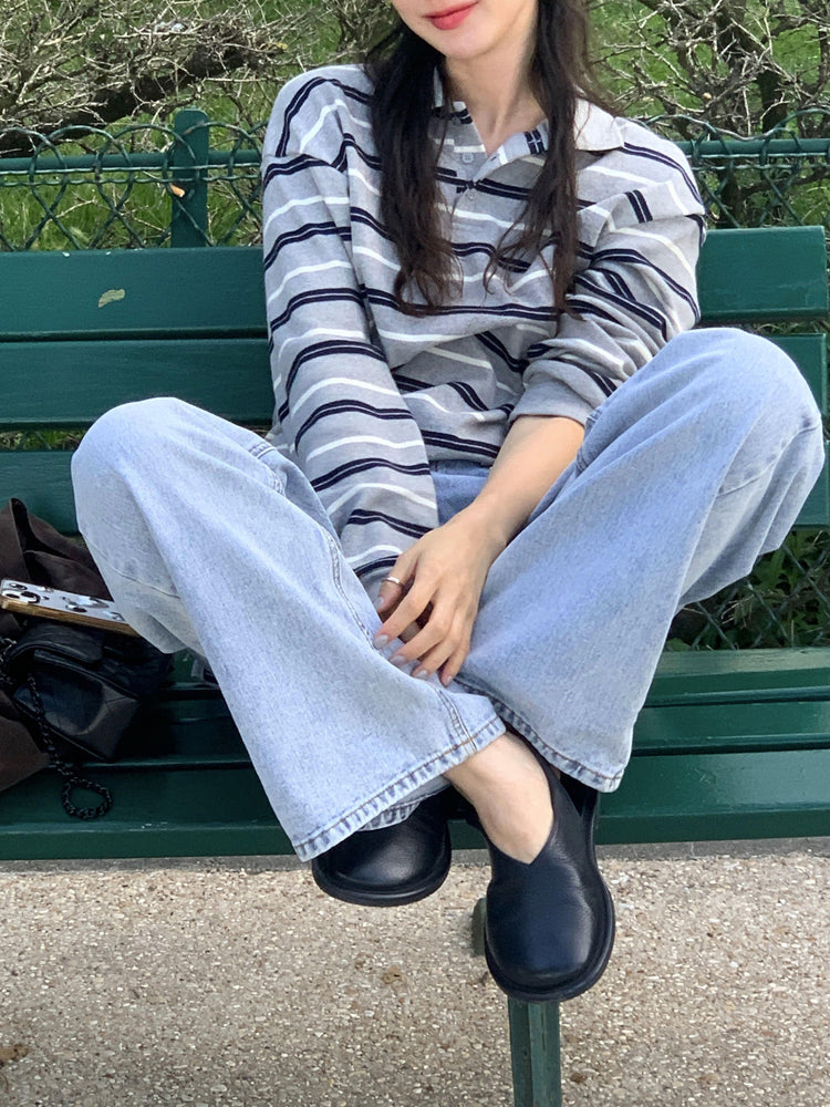 翻領撞色條紋寬鬆上衣