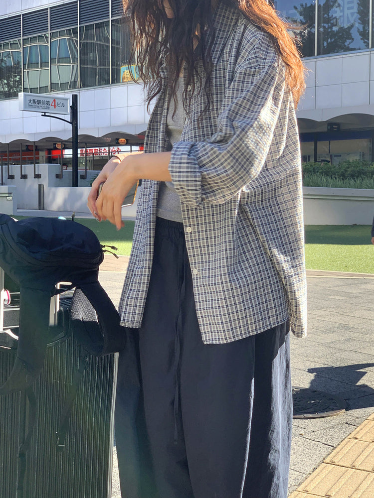 復古撞色格紋寬鬆襯衫