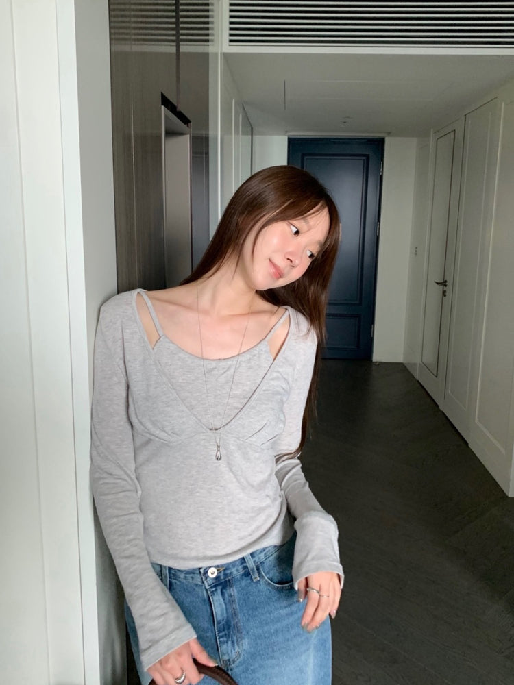 美鎖骨掛脖假兩件式上衣