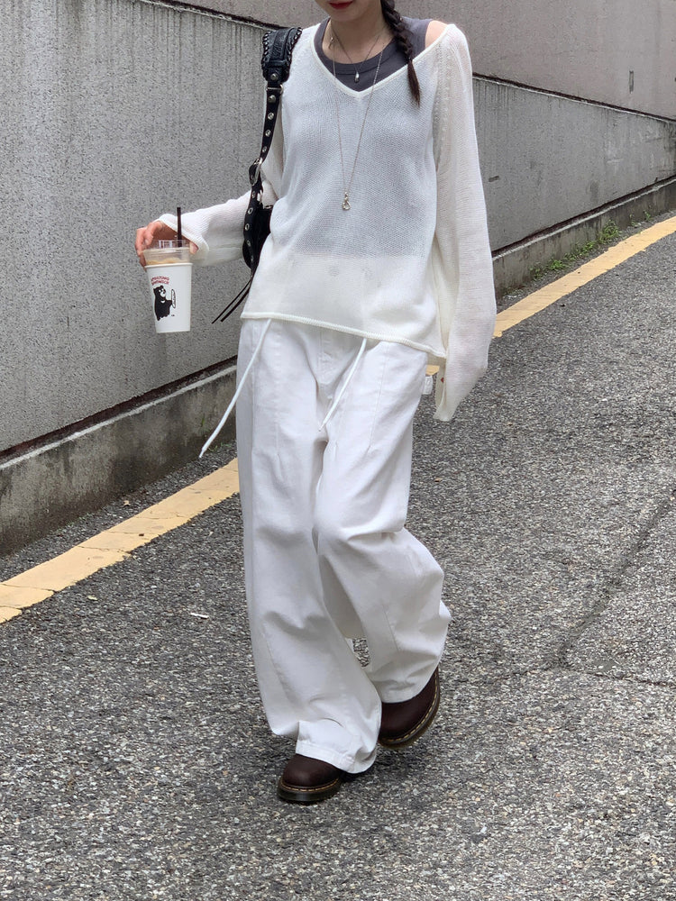 微透V領寬鬆針織衫