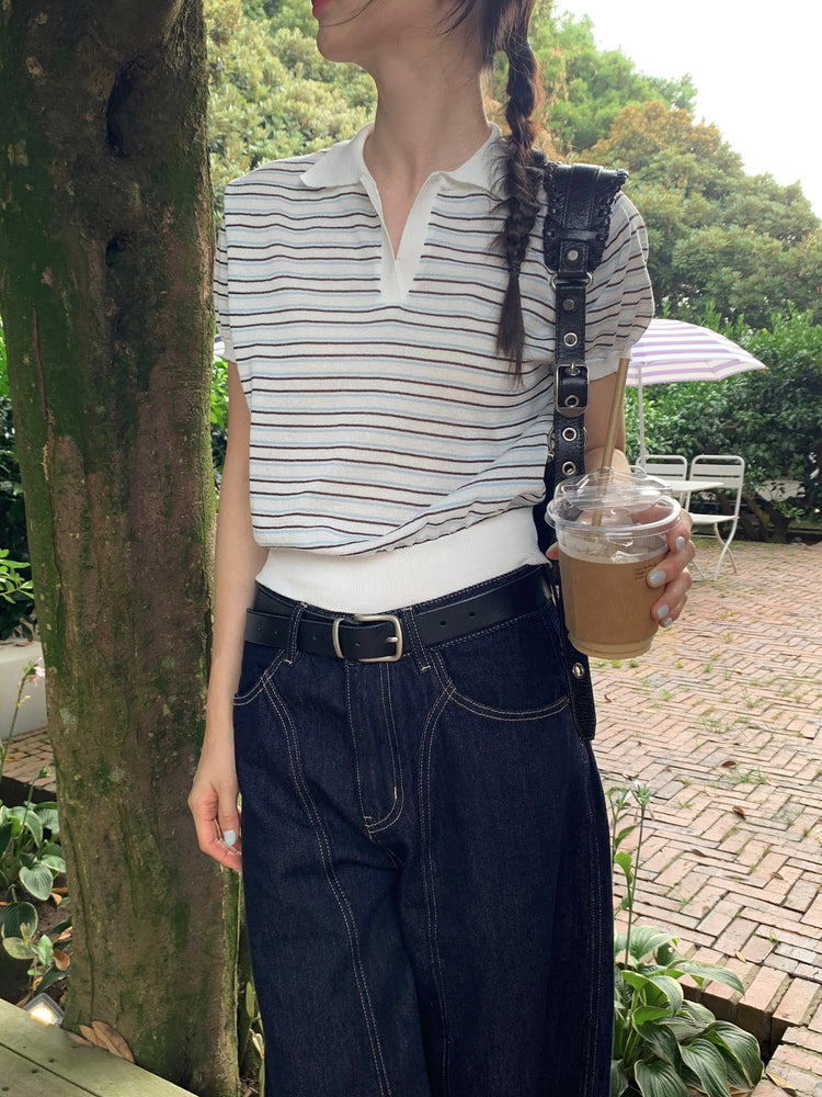 翻領條紋修腰細節上衣