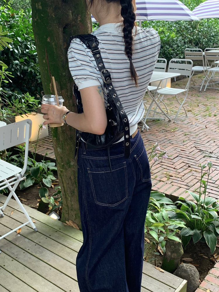 翻領條紋修腰細節上衣