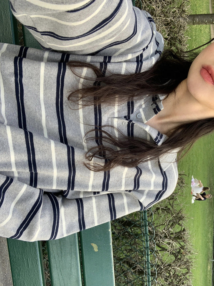 翻領撞色條紋寬鬆上衣
