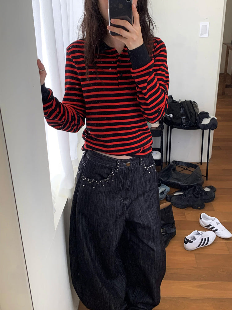 翻領條紋撞色修身上衣