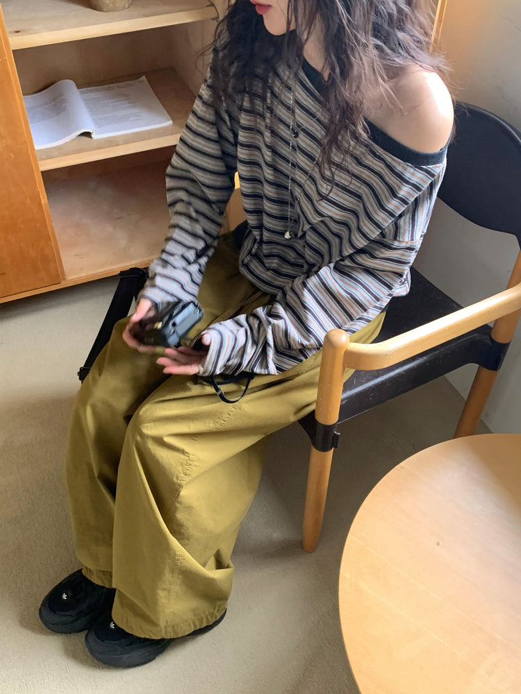 美肩條紋細節束口上衣