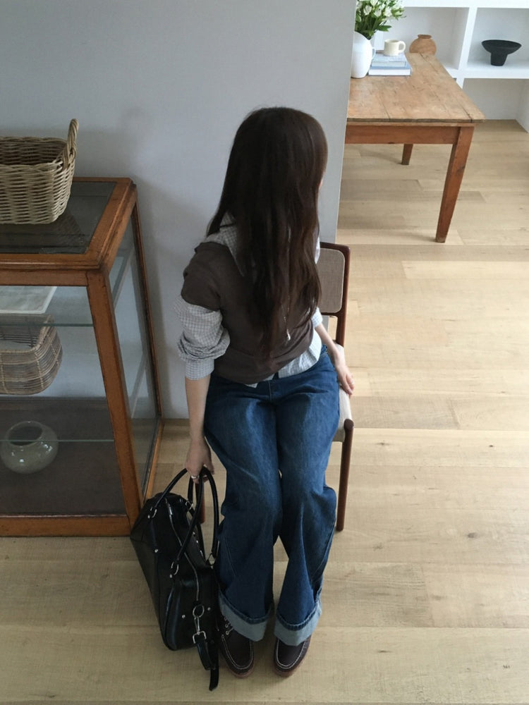 翻領格紋修腰細節襯衫