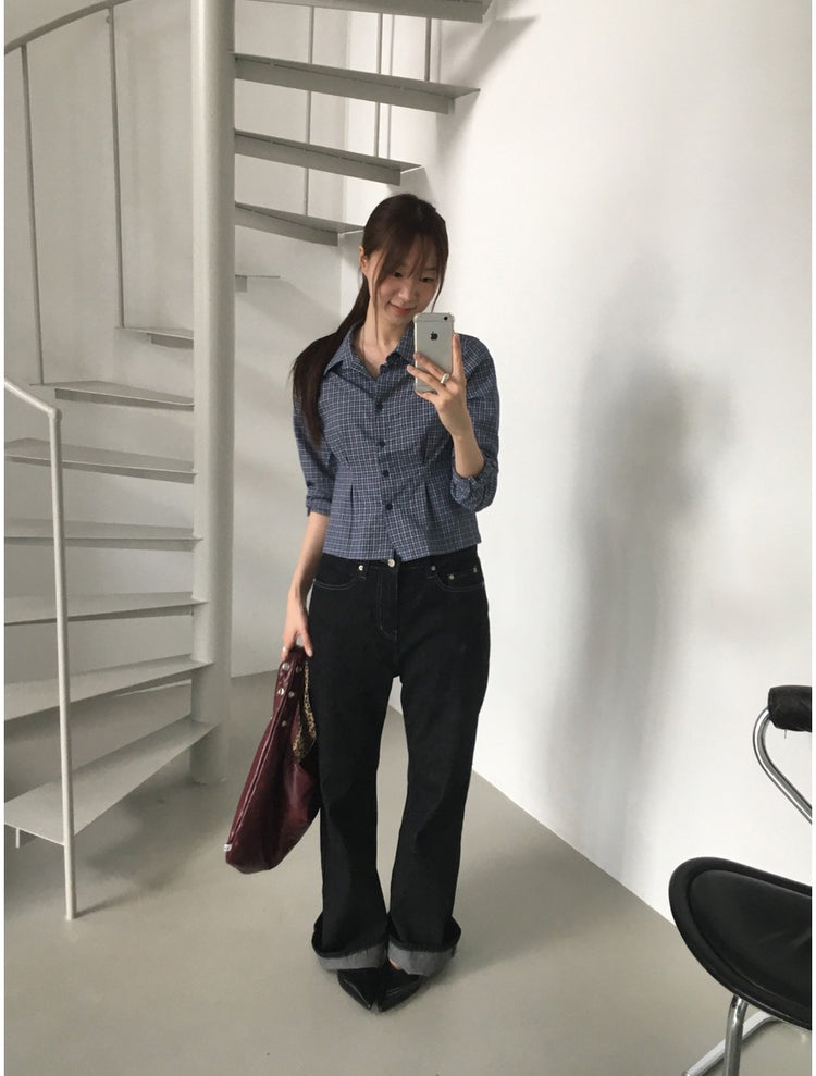 翻領格紋修腰細節襯衫