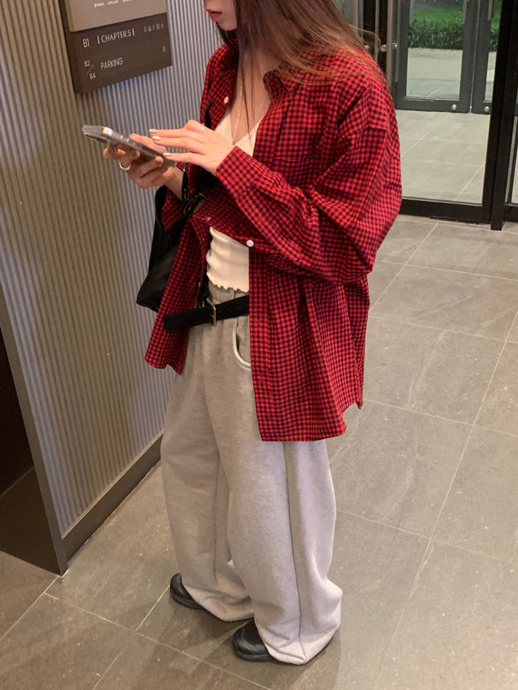 復古美色格紋寬鬆襯衫