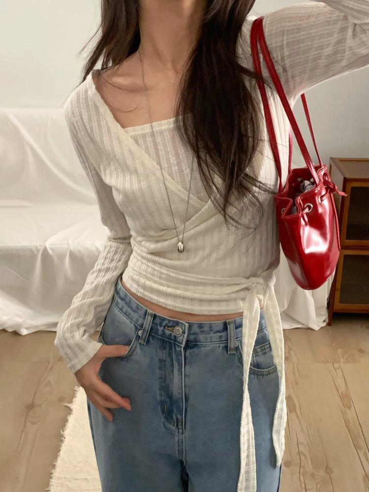 坑條紋理交疊綁帶修腰上衣