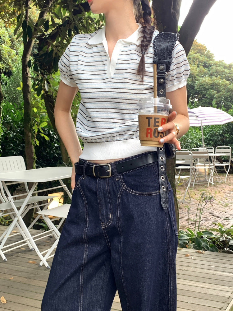 翻領條紋修腰細節上衣