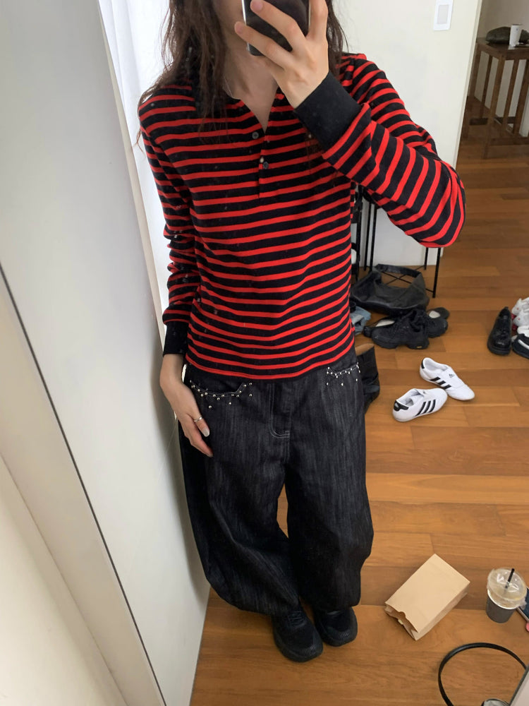 翻領條紋撞色修身上衣