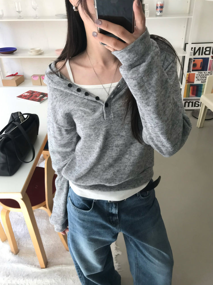 混色扣鈕細節連帽上衣