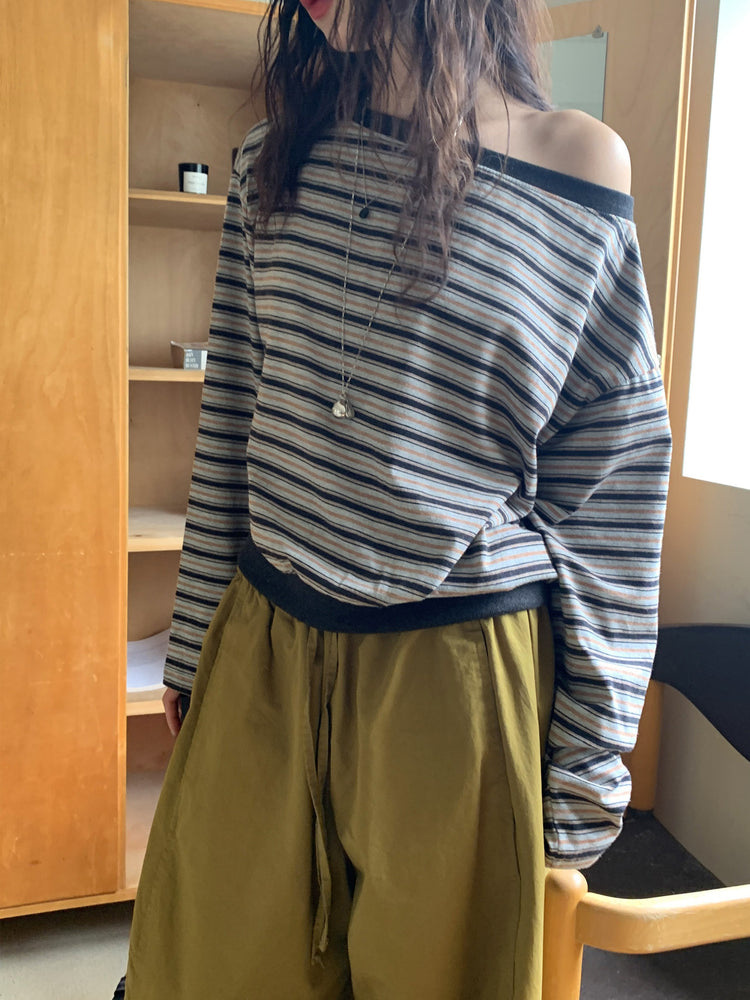 美肩條紋細節束口上衣